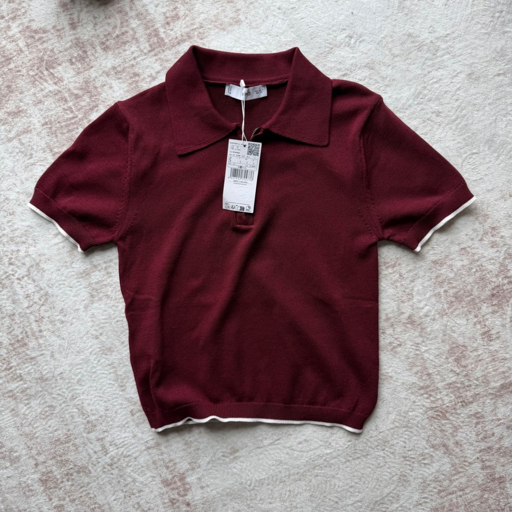 Mango Burgundy Short Sleeve Polo Top with White Trim